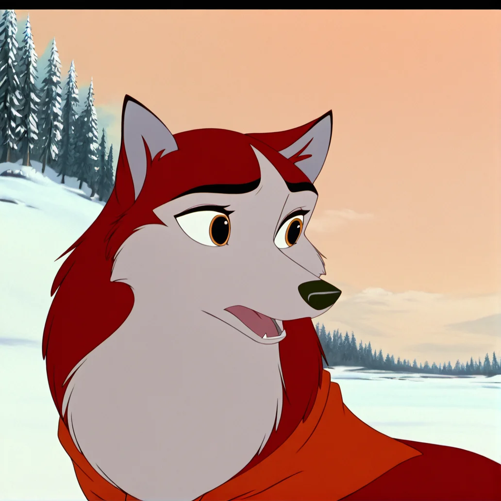 (masterpiece), (best quality), (ultra-detailed), amazing quality, very aesthetic, illustration, perfect composition, intricate details, absurdres, incredibly absurdres, 1girl, jenna\(balto\), solo, open mouth, animal ears, outdoors, tree, no humans, fangs, wolf ears, letterboxed, snow, winter, wolf, anime coloring, two tone fur, red fur, canine , amber eyes, neckerchief <lora:jennabalto2illustrious:1>
