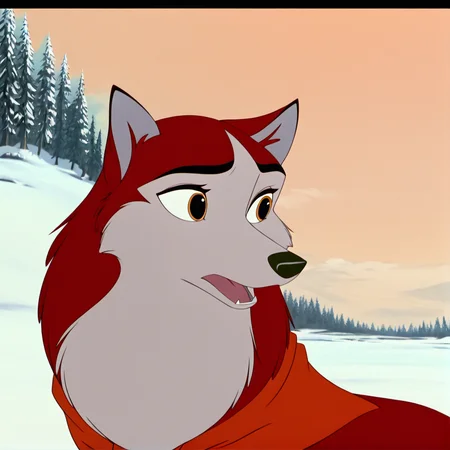 (masterpiece), (best quality), (ultra-detailed), amazing quality, very aesthetic, illustration, perfect composition, intricate details, absurdres, incredibly absurdres, 1girl, jenna\(balto\), solo, open mouth, animal ears, outdoors, tree, no humans, fangs, wolf ears, letterboxed, snow, winter, wolf, anime coloring, two tone fur, red fur, canine , amber eyes, neckerchief <lora:jennabalto2illustrious:1>