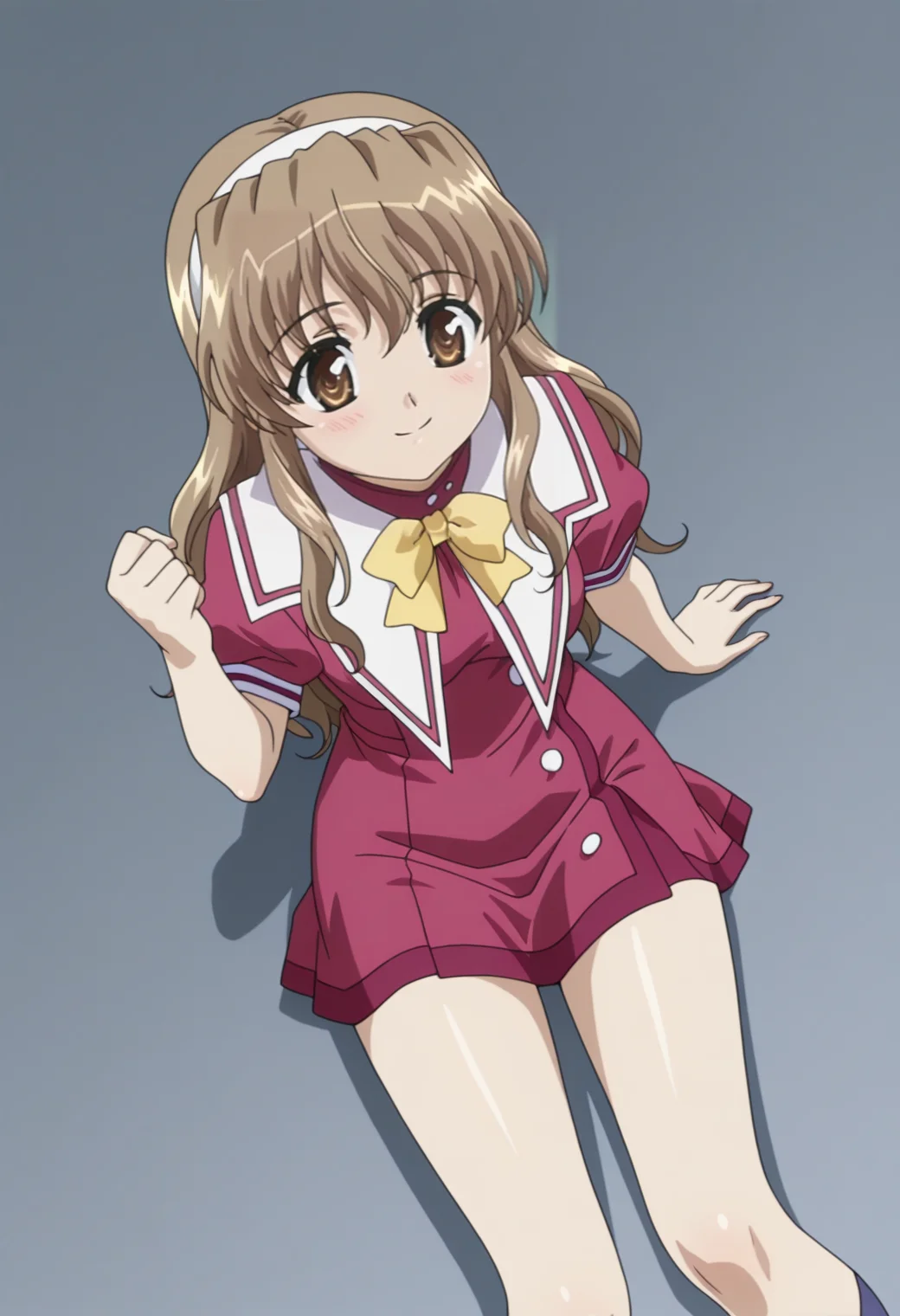 masterpiece, best quality, amazing quality, anime screencap, anime coloring, 1girl, solo,  <lora:DX888HarukaIL:1> nogizaka haruka, brown hair, brown eyes, long hair
hairband, school uniform, short sleeves, yellow bowtie,BREAK grey background, patterned background,  (simple background:1.2) BREAK  (dynamic pose:1.2), smile, blsuh, raised fist, reclining, from above,