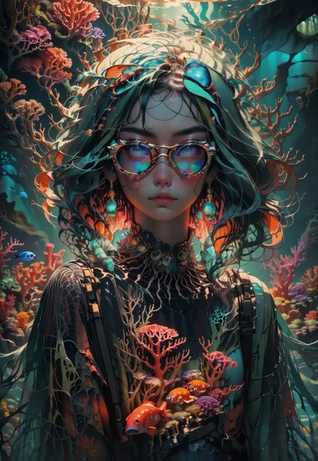 (In the style of Edvard Munch), The scene captures a mermaid resting amidst a forest of coral, her expression melancholic yet serene. The water shimmers with an otherworldly glow, casting vibrant, distorted reflections on the coral below. Her long, flowing hair waves gently, intertwined with strands of seaweed and small, luminescent fish. The coral reef is painted in bold, intense colors—deep reds, electric blues, and bright yellows—creating a vivid, dreamlike atmosphere. Her scales glisten in the refracted light, shifting in shades of gold and sapphire. The scene is filled with swirling currents and bubbles, adding to the sense of movement and emotion. (vivid color contrast, expressive brushstrokes:1.3), (best quality, high resolution:1.2) score_9, score_8_up, score_7_up,