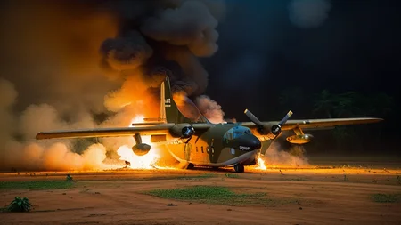 cinematic movie still of crashed (AIR_C123:2) on fire on a dirt airstrip at night, flames and black smoke, viet nam, jungle in background, smoke and fire in the distance, hyperdetailed, shallow depth of field, f1.4, <lora:AC_C123:1>