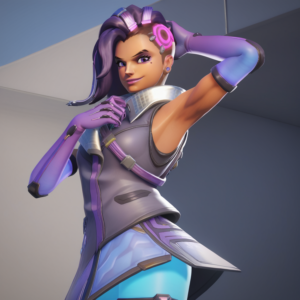 score_9, score_8_up, score_7_up, score_6_up, score_5_up, score_4_up, realistic, <lora:Sombra:0.8>, sombr20, 1girl, purple eyes, purple hair, multicolored hair, dark-skinned female, two-tone hair, gradient, mole under eye, eyeshadow, lipstick, asymmetrical hair, high collar, eyeliner, undercut, purple lips, bodysuit,  elbow gloves, thigh strap, skin tight, shiny clothes, pants, toned female, BREAK portrait, upper body, arm up, armpits