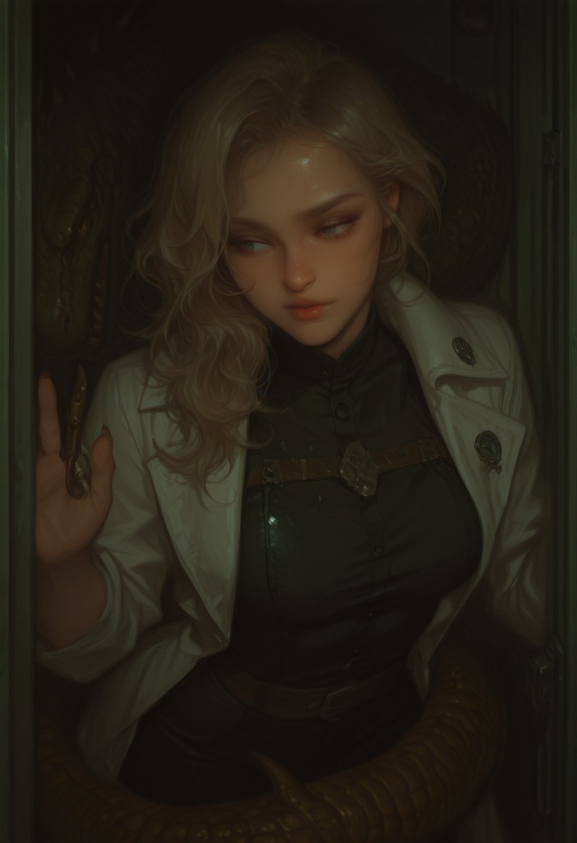 A tall, slender female scientist, early 40s, wearing a white lab coat over a fitted blouse and dark slacks. She has ash-blonde, wavy hair tied in a loose ponytail, gentle hazel eyes, and a kind, intelligent expression. Her features are soft and bookish, with fair, lightly freckled skin. She stands in a high-tech laboratory filled with glass vials and scientific equipment.
Next to her, or transforming from her, is a powerful, humanoid lizard-woman—vibrant green, with scaled skin, golden reptilian eyes, sharp claws, fangs, and a long prehensile tail. The lizard form’s clothing is tattered, but retains the iconic white lab coat. The background glows with greenish lab lights, hinting at both scientific genius and inner turmoil. The overall mood is dramatic, mixing intellect, vulnerability, and the wild power of her monstrous alter-ego.
Style: Realistic or semi-realistic, comic book style, dynamic lighting, detailed facial features and expressive eyes, focus on both human and reptilian beauty.