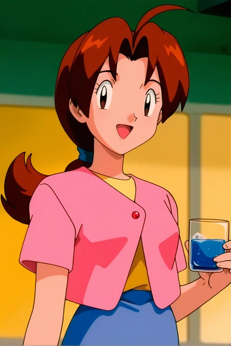 retro artstyle, 1990s \(style\), pokemon \(classic anime\), deliaca, 1girl, solo, long hair, looking at viewer, smile, open mouth, shirt, skirt, brown hair, holding, brown eyes, standing, jacket, upper body, ahoge, ponytail, short sleeves, :d, cowboy shot, hand up, blurry, black eyes, cup, parted bangs, blue skirt, hair intakes, happy, cardigan, antenna hair, holding cup, drinking glass, arm at side, yellow shirt, mature female, drink, pink jacket, pink cardigan, holding drink, braid, eyelashes, delia ketchum
<lora:Delia_Ketchump_Classic_Anime:1>