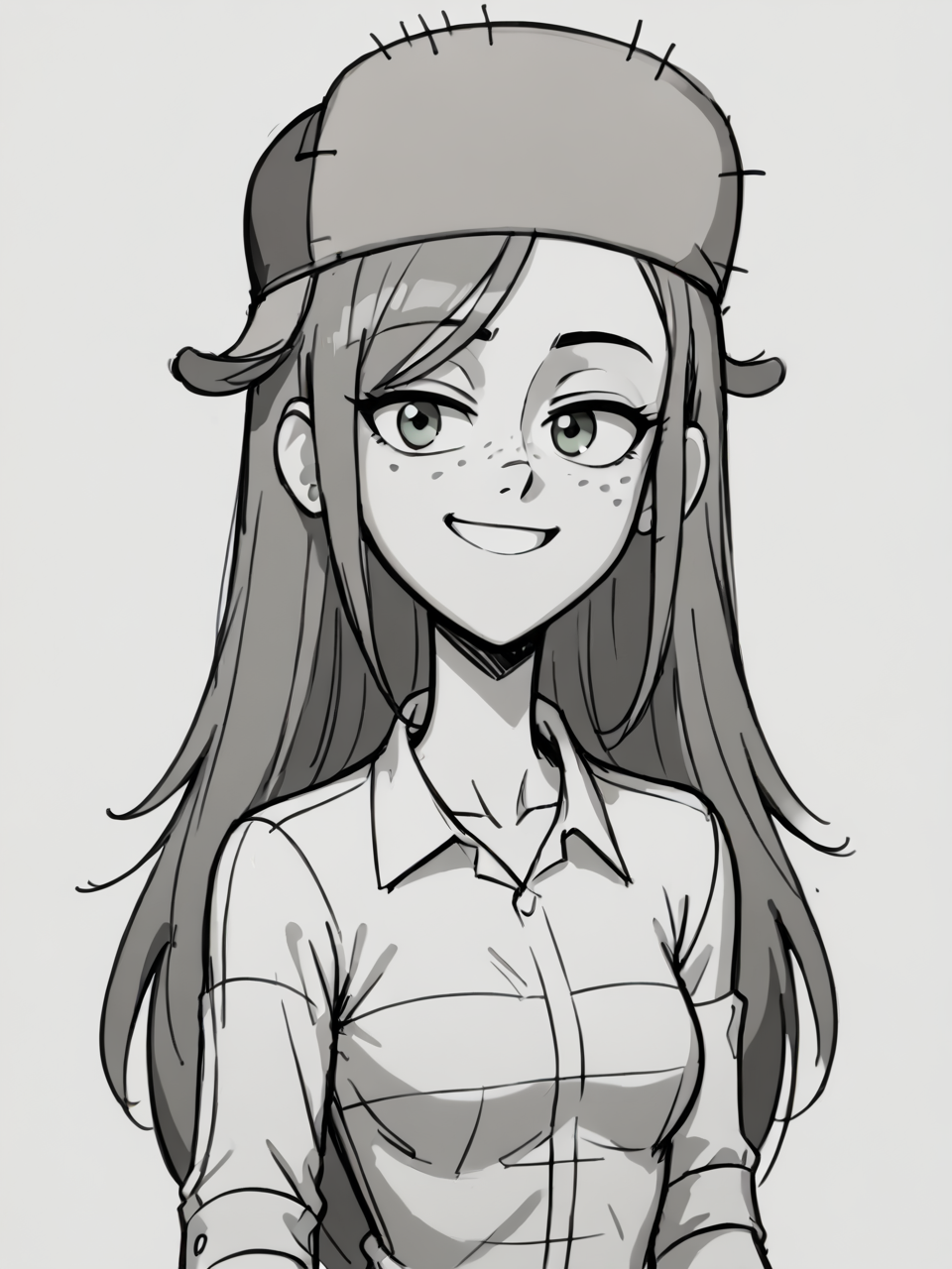 score_9, score_8_up, score_7_up,  score_6_up, BREAK, Sk3tch, sketch, monochrome, <lora:Sketch:0.8> wendy, long hair, 1girl, solo, green eyes, shirt, freckles, earrings, fur hat, smile, looking at viewer,  <lora:WendyCorduroyPony1.0:1>