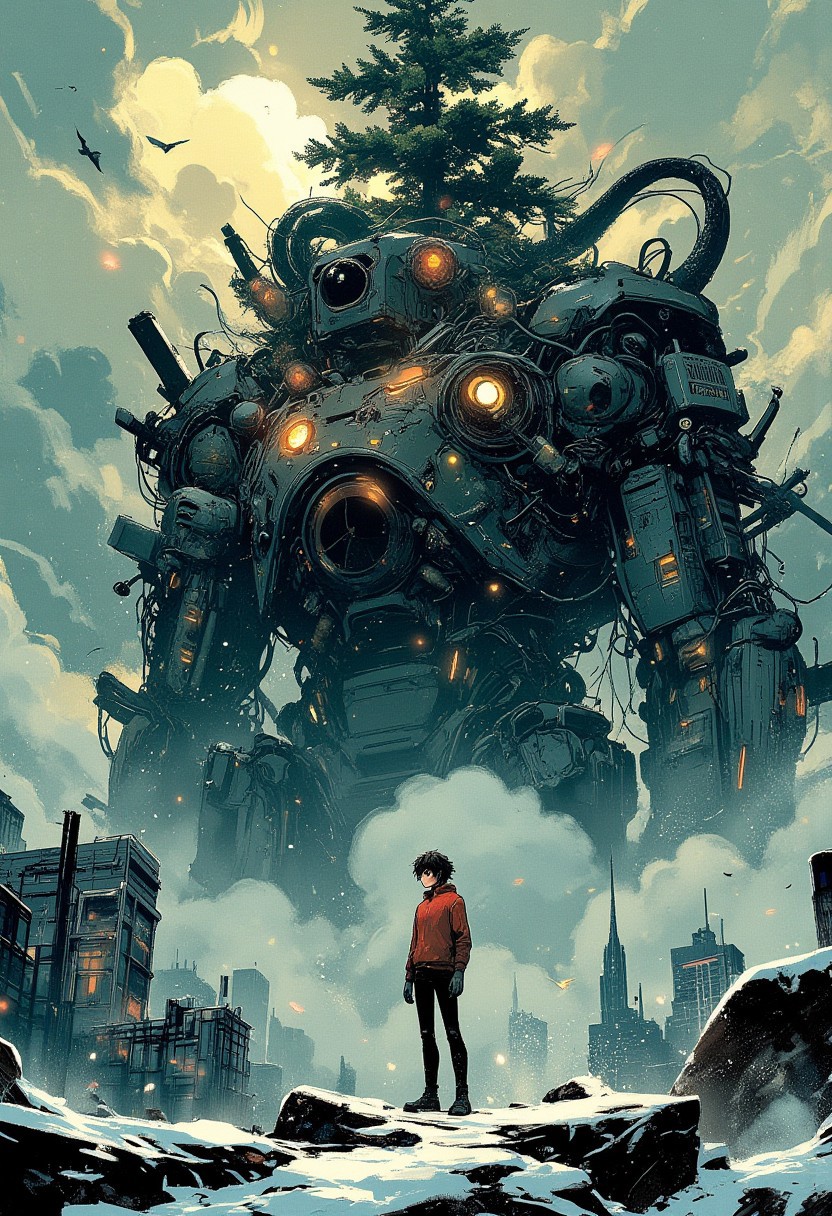 masterpiece, best quality, By Akira Otomo Katsuhiro. A surreal illustration of a large, humanoid robot with a humanoid figure standing in the middle of the image. the robot has a humanoid body with multiple arms and legs, and its head is filled with intricate, complex structures and creatures. the central figure is a small, humanoid figure, and it appears to be looking up at the viewer with a curious expression. the background is a cityscape with tall buildings and a vast expanse of open space, with a few birds flying in the distance. the overall mood is surreal and surreal, with the robot's intricate details and chaotic nature creating a sense of depth and dimensionality, 70mm, cinematic, (portrait), side face, foreshortening, (upper_body), solo, nature, snow, tree, realistic, photorealistic, (ultra-detailed:1.2), detailed light, HDR, extremely detailed, looking at viewer, snowflakes, ice, Pinetree, dramatic lights, Cinematic, beautiful, vibrant, masterpiece, 32k, ultra HD, ultra-detailed, amazing quality, amazing artist, sharp edges, detailed textures, full view, atmospheric lighting, amazing visuals
