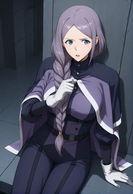 <lora:Han Semi:1>,
Han Semi,gloves,braid,solo,single braid,white gloves,open mouth,purple hair,blue eyes,grey hair,cowboy_shot,sitting,seriously