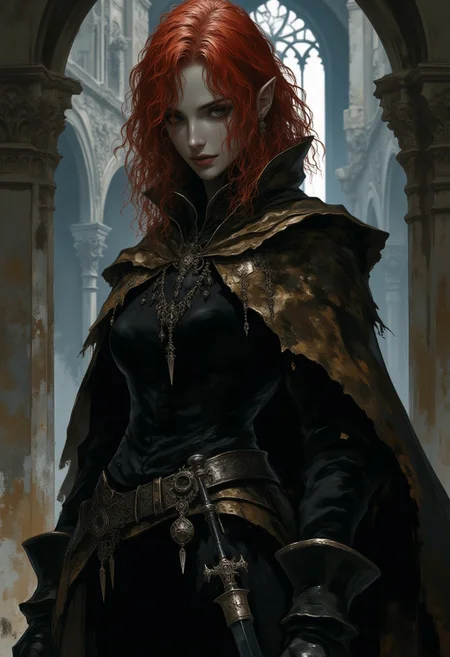 a girl in a black military uniform looks down. she smirks. in the background are the ruins of an old abandoned church. she wears black velvet gloves on her hands and a saber on her belt. she has red short hair. looking down, shoulder-high image. predatory smile and stare. looking directly into the camera. The angle on the girl's eyes.