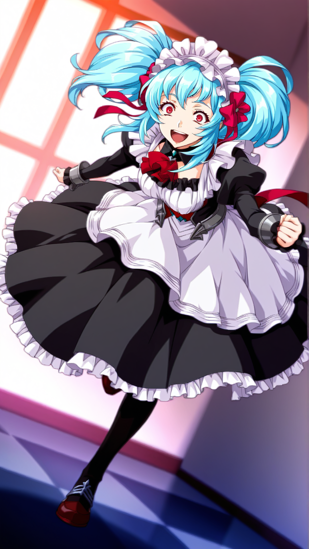source_anime,general,best quality,1girl, <lora:Marilyn_Cat_ill_v1.0:1> marilyn\(srw\),blue hair, red eyes, twintails, maid, maid headdress, maid apron,happy, crazy eyes,   dynamic pose, dutch angle, full body,