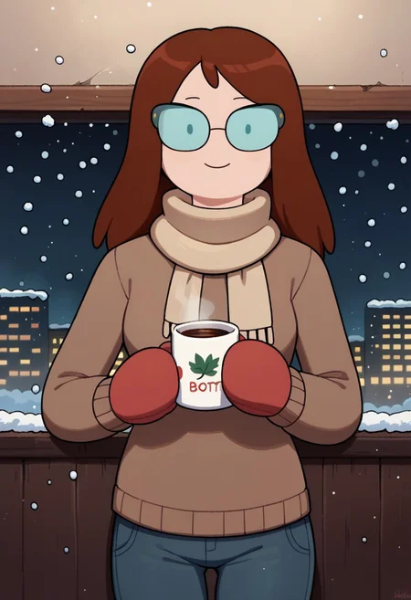 score_9, score_8_up, score_7_up, score_6_up, 1girl, solo, Betty, glasses, dot eyes, brown hair, long hair, brown sweater, turtleneck, pants, looking at viewer, smile, seductive pose, dynamic angle, detailed background, indoors, scarf, in the city, snowing, mittens, holding a cup of coffee