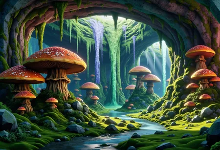 A vivid and fantastic underground realm, a giant system of expensive underground caves connecting to each other via large passage ways. The caves are populated with mushrooms the size of trees. Enormous crystals litter the walls and ceiling emitting a splendid and wonderful variety of colors providing light to a world devoid of sunlight. Stalactites and stalagmites are scattered across the expansive open caves. Moss covers the stony ground offering a gentle surface to tread upon. Small streams feed large ponds and small lakes creating natural reservoirs of water. It is a scene straight out of fantasy, wondrous, magnificent, awe-inspiring, epic the kind of scene people only dream about, made real.