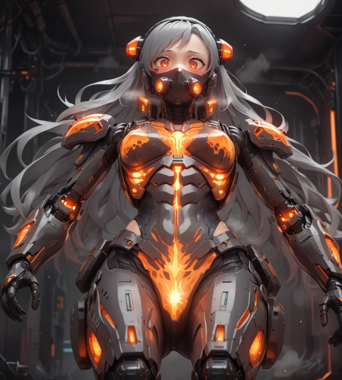 score_9,score_8_up,score_7_up,score_6_up,source anime BREAK,1girl,solo,mecha,science fiction,dark background,science fiction,barcode tattoo,tube,futuristic,cyberpunk,cockpit,space,medium breasts,from below,armor,body armor,gloves,,,sweat,steaming body,zero gravity,covered mouth,oxygen mask,sweat,grey hair,long hair,curly hair,hair pulled back,,hairband,,red eyes,,,,,,,happy,blush
magma, lava, glowing, molten rock,
<lora:magma_12_lbw_2:1.8>