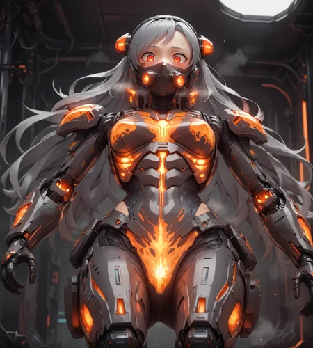 score_9,score_8_up,score_7_up,score_6_up,source anime BREAK,1girl,solo,mecha,science fiction,dark background,science fiction,barcode tattoo,tube,futuristic,cyberpunk,cockpit,space,medium breasts,from below,armor,body armor,gloves,,,sweat,steaming body,zero gravity,covered mouth,oxygen mask,sweat,grey hair,long hair,curly hair,hair pulled back,,hairband,,red eyes,,,,,,,happy,blush
magma, lava, glowing, molten rock, 
 <lora:magma_12_lbw_2:1.8>