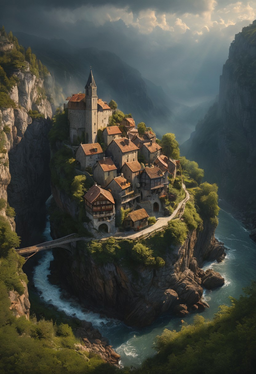 A small fantastical cliffside towns, It is about a beautiful and fantastical town surrounded by lovely nature, mixing style of villages from France, Italy and Spain, a place where people will most likely want to visit. High cliffs, small roads, tinny houses, very sunny day, in summer, lot of greenery and trees,, cinematic lighting, detailed digital painting by Aaron Blaise and Robert Bateman and Carl Runguis, 4k resolution, hyperrealistic rendering, ethereal atmosphere. highly detailed and hyper realistic photo, by Alena Aenami , by Archibald Thorburn , by Daniele Afferni,  limited dark palette, unusual dark colors, faded colors, atmospheric haze, highly dramatic cinematic lighting, motion blur, film grain,  professional, excellent composition, finest details, maximized details, ultimate detail level, masterpiece, best quality