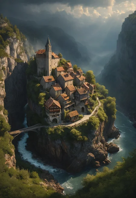 A small fantastical cliffside towns, It is about a beautiful and fantastical town surrounded by lovely nature, mixing style of villages from France, Italy and Spain, a place where people will most likely want to visit. High cliffs, small roads, tinny houses, very sunny day, in summer, lot of greenery and trees,, cinematic lighting, detailed digital painting by Aaron Blaise and Robert Bateman and Carl Runguis, 4k resolution, hyperrealistic rendering, ethereal atmosphere. highly detailed and hyper realistic photo, by Alena Aenami , by Archibald Thorburn , by Daniele Afferni, limited dark palette, unusual dark colors, faded colors, atmospheric haze, highly dramatic cinematic lighting, motion blur, film grain, professional, excellent composition, finest details, maximized details, ultimate detail level, masterpiece, best quality