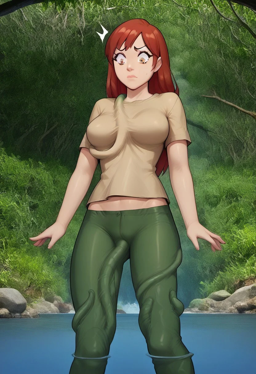 score_9, score_8_up, score_7_up, snapshot, partially underwater shot, 1girl, solo, t3n74cl3s_cl07h3s, jungle, a girl with tentacle under her clothes, stealth tentacles, wading in swamp, 1girl, clothed girl, partially underwater shot, wading, mostly submerged, partially submerged, olive green pants, (khaki tan) short sleeve scout shirt, loose shirt, hiking boots, red hair, long hair, looking down, breast tentacle, leg tentacle, tentacle t1tf0ck, tittuck, leg tentacle:1.4, t3nt_p3n3t, terrified, horrified, scared, perfect face, masterpiece,