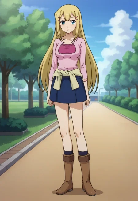 score_9,score_8_up,score_7_up,anime coloring BREAK source_anime,anime,<lora:Louise_Halevy_Gundam_00_Pony:0.7>,louise,1girl,solo,blue eyes,blonde hair,long hair,hairclip,pink shirt,clothes around waist,miniskirt,blue skirt,brown boots,smile,standing,posing,outdoors,park,looking at viewer,
