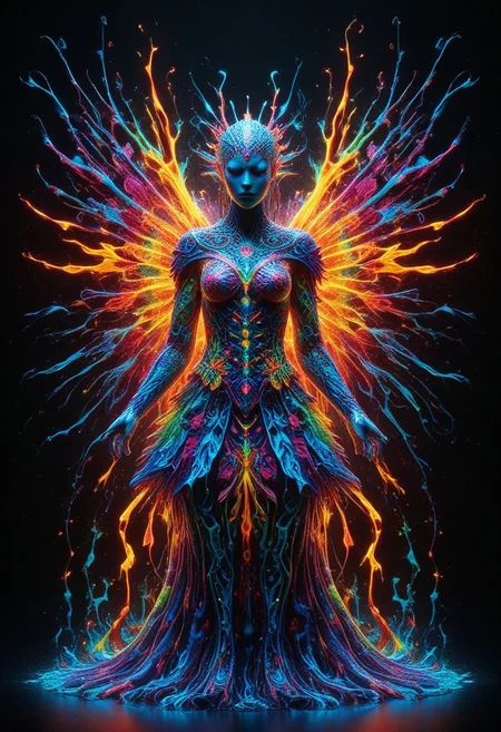 a full body fire entity with multicolored flames, professional photography of an fantastical warrior princess entirely made of cyberflies with whimsical elements, swirling magic, eerie fairytale landscape, elaborate fantasy style art, very colorful, intricate details, ultra sharp, exquisite detail, flawless composition, vivid colors, masterpiece, exciting background, TAS, TASvisuals, Psychedelic , Rave, Elaborate , Blacklight , Vibrant , cyberflies, black light paint, blp, Colorful Chaos Cracks and Drops, mad-glowtiedye, made out of,colorful,liquid,Murano Art Glass
