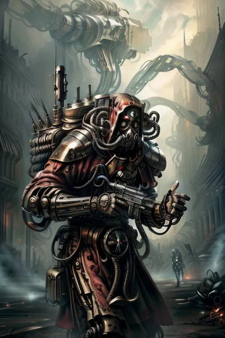 ((masterpiece,best quality)), absurdres, BREAK
mechanical arms, robes, hood, BREAK
((techpriest)), cyborg, mechanical face, mechanical limbs, gas mask, mechanical tentacles, (mechanical backpack), BREAK
1other, solo, holding pistol, firearm, handgun, pistol, gun, BREAK
factory background, smoggy sky, air pollution, smokestacks, BREAK
(NightmarishAI),