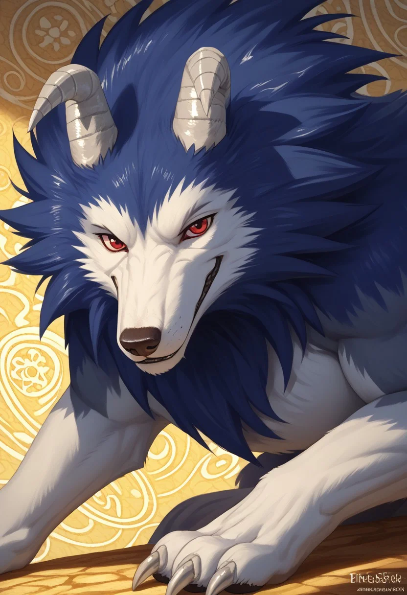 score_9, score_8_up, score_7_up, score_6_up, score_5_up, score_4_up, anthro, slight smile,seductive look,high detail, best quality ,detailed background, <lora:S1_Dramatic_Lighting_v2:0.3>, vibrant,masterpiece, (highres:1.3), ),((Detailed background ,mature male, ,detailed background, dynamic, immersive, intricate, , thick thighs, anthropomorphic wolf, beast-like creature, dark blue fur, white accents on face, chest, legs, and tail tip, sharp red eyes, thin angled eyebrows, wolf-like snout, black nose,, pointed ears, muscular body, sharp white claws, long bushy tail, curved gray horns,fur,,hairyfurry male, close up, red eyes, looking at viewer, side angle,