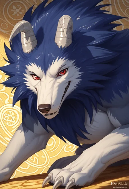 score_9, score_8_up, score_7_up, score_6_up, score_5_up, score_4_up, anthro, slight smile,seductive look,high detail, best quality ,detailed background, <lora:S1_Dramatic_Lighting_v2:0.3>, vibrant,masterpiece, (highres:1.3), ),((Detailed background ,mature male, ,detailed background, dynamic, immersive, intricate, , thick thighs, anthropomorphic wolf, beast-like creature, dark blue fur, white accents on face, chest, legs, and tail tip, sharp red eyes, thin angled eyebrows, wolf-like snout, black nose,, pointed ears, muscular body, sharp white claws, long bushy tail, curved gray horns,fur,,hairyfurry male, close up, red eyes, looking at viewer, side angle,