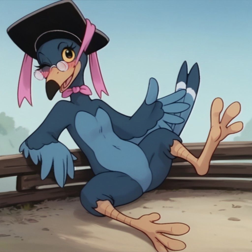 score_9, score_8_up, score_7_up, score_6_up, score_5_up, score_4_up, source_furry, Magpiebbv2, semi-anthro, female, bird, blue feathers, yellow beak, hat, glasses, black eyes, yellow sclera, sitting, arm between legs, spread legs, wink, blush, full body,