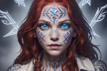 bright red hair, human female, (feminine:1.7), (beautiful face, detailed face:1.6), (beautiful eyes, detailed eyes:1.7), (looking at viewer, eye contact, intense:1.6), (long hair, red hair, curly hair:1.3), , ((masterpiece, best quality, high resolution, realistic, best quality,)), photo realistic, Perfect Face, (detailed face). <lora:GoodHands-vanilla:0.6> <lora:add-detail-xl:0.8>, mage, (Dress White military uniform coat), dagger, rune dagger, glowing runes, , (((glowing magic symbols tattoos, religious tattoos))), ((face tattoos)), glowing tattoos, stone tower in the background