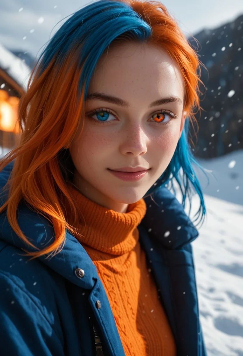 score_9_up, score_8_up, score_7_up, score_6_up, 1girl, solo, 25 years old, perfect face, (adult), sexy, 
detailed face, blush, shy smile, portrait, face focus, depth of field, looking at viewer, close up,  
heterochromia, blue eyes, orange eyes,
multicolored hair, orange hair, blue hair, 
bright blue coat, orange sweater, 
winter, snow, lava,
dynamic pose, dynamic angle,