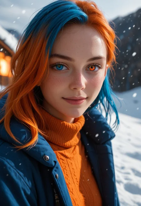 score_9_up, score_8_up, score_7_up, score_6_up, 1girl, solo, 25 years old, perfect face, (adult), sexy,
detailed face, blush, shy smile, portrait, face focus, depth of field, looking at viewer, close up,
heterochromia, blue eyes, orange eyes,
multicolored hair, orange hair, blue hair,
bright blue coat, orange sweater,
winter, snow, lava,
dynamic pose, dynamic angle,