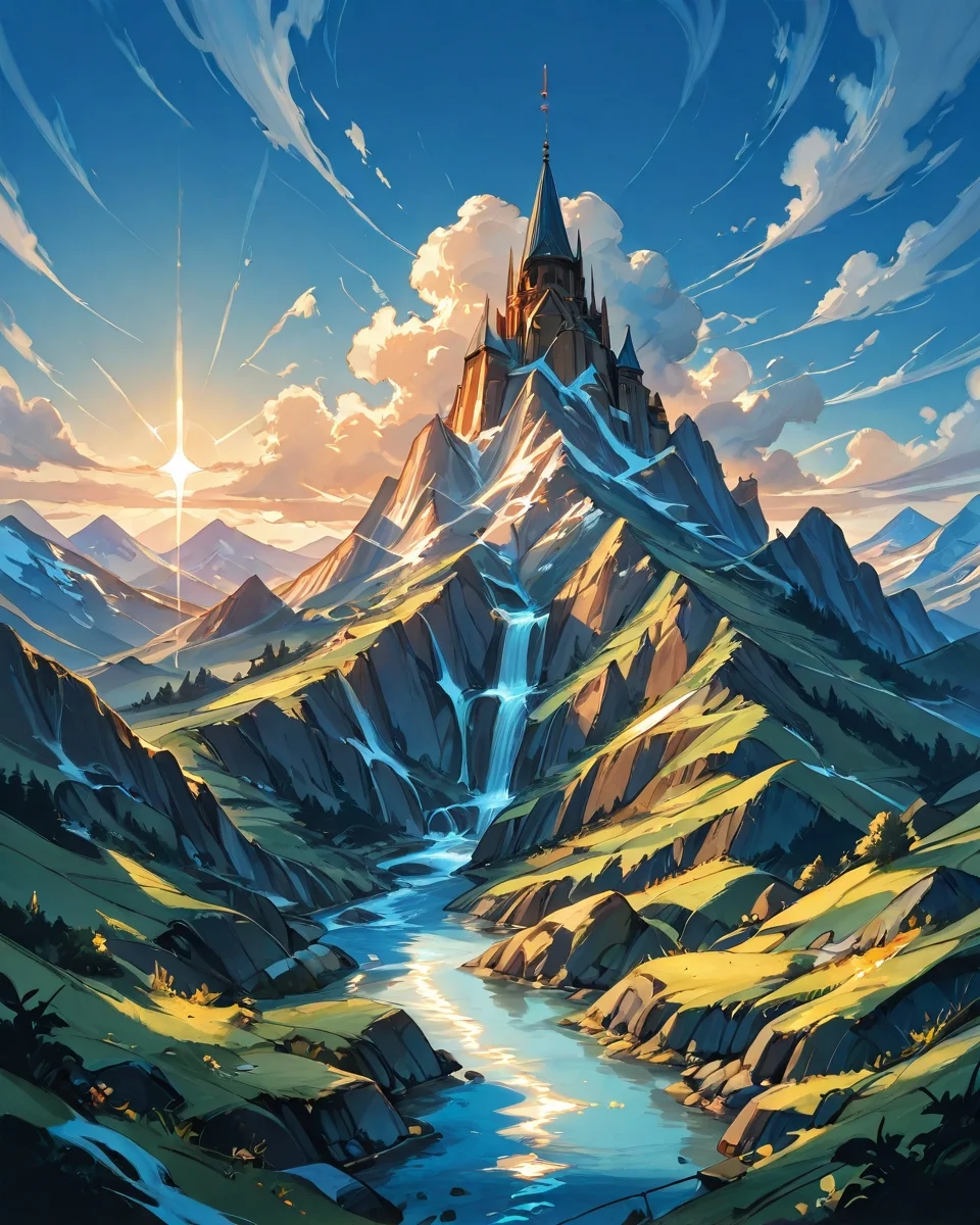 (epic landscape:1.5),  (studio ghibli drawing), (studio ghibli painting),best quality, masterpiece, extremely detailed,  professional  art,  professional painting, an extremely delicate and beautiful, dynamic,  great lighting, perfect shading, professional shading, depth of field,   side soft light, elegant, gorgeous, highly detailed,   full shot, uncropped,   pure genious, absolutely perfect,  highly detailed, breathtaking,
A stunning alpine landscape where rugged peaks rise above a verdant valley and a clear, blue stream winds through the meadows, holy mountaintops where wind priests conduct atmospheric symphonies, the thin air vibrating with celestial harmonies,
<lora:EldritchRomanceIllustration1.3.1:0.5>,
<lora:- SDXL - vanta-black_contrast_V3.0:0.2>,
<lora:add-detail-xl:0.7>,
<lora:detailed_notrigger:0.7>,
