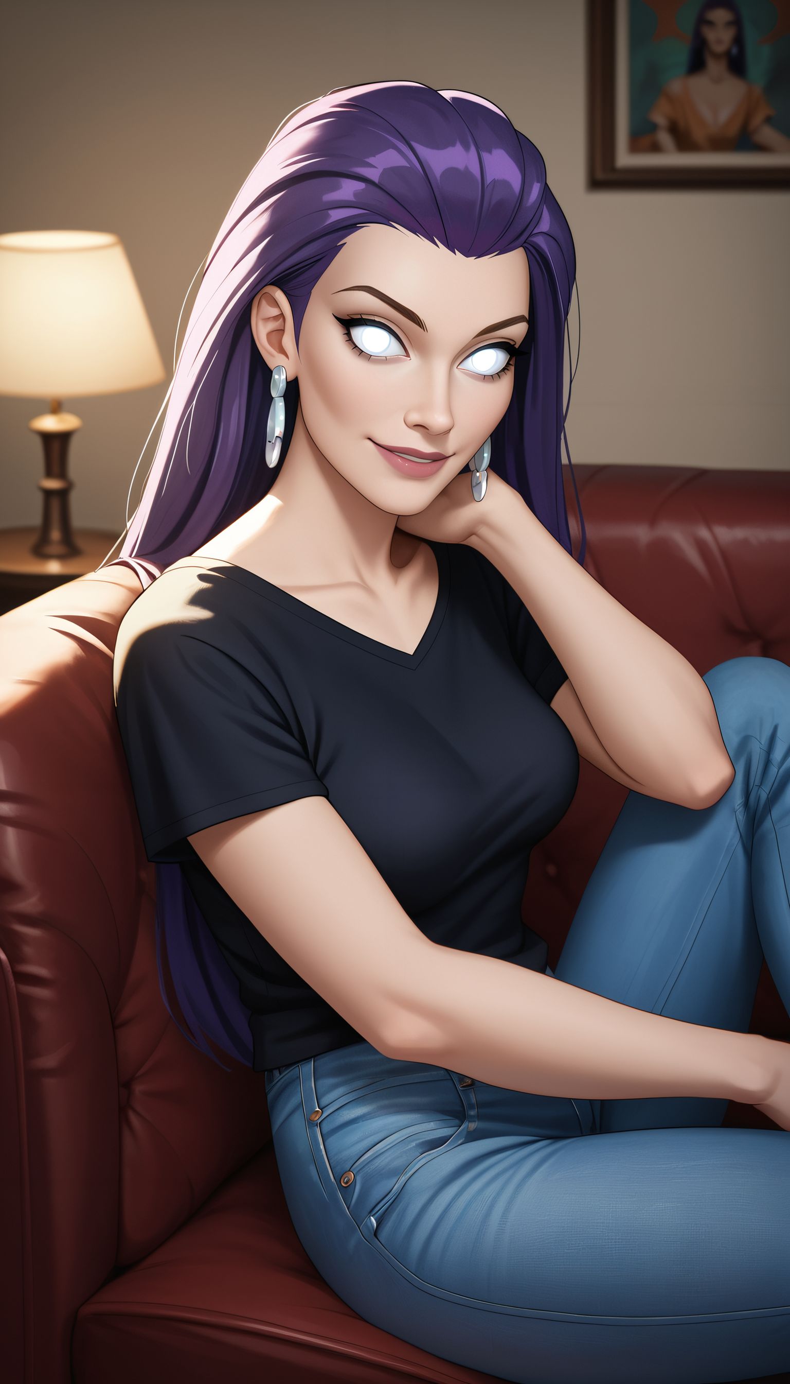 zPDXL3,  <lora:Tala_-_DCAU:.8>,
Tala, woman, earrings, long purple hair, white eyes, no pupils, medium breasts, black shirt, short sleeves, jeans, looking at viewer, smiling, sitting, on couch, inside cozy living room, soft lighting,