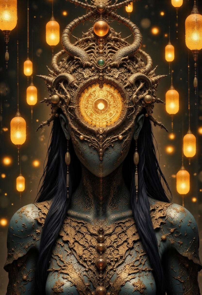 A tight, intimate head-and-shoulder portrait of an Ancient Chinese priestess kneeling in a reverent pose with her hands bound behind her back, her body slightly arched, head tilted upward as if gazing into the camera from below. The camera angle is slightly above her, emphasizing her vulnerable, submissive posture, evoking solemn devotion. Her head is a hollow, featureless piece of carved wood, smoothly rounded with no facial features. In the center, a yin-yang-shaped cutout creates a clean geometric void where her face should be. Inside, a dim golden light glows softly, illuminating the textured wood interior, giving the void a haunting, cavernous depth. She wears a traditional flowing hanfu robe adorned with golden silk embroidery depicting dragons and phoenixes symbolizing divine power. Her head is wrapped in an elaborate golden hairpiece adorned with jade and pearls, symbolizing celestial authority. The wood head is polished with faint carvings that echo the intricate patterns on her attire, enhancing ancient symbolism. The dim, mystical lighting casts delicate rays through the yin-yang-shaped cutout, illuminating her ceremonial attire with a faint golden glow. Dramatic shadows and golden highlights enhance the divine, supernatural atmosphere. The background is dark and minimalistic, with hundreds of floating Kongming lanterns dimly glowing to ensuring the focus remains on her hollow head and the dim golden light.
