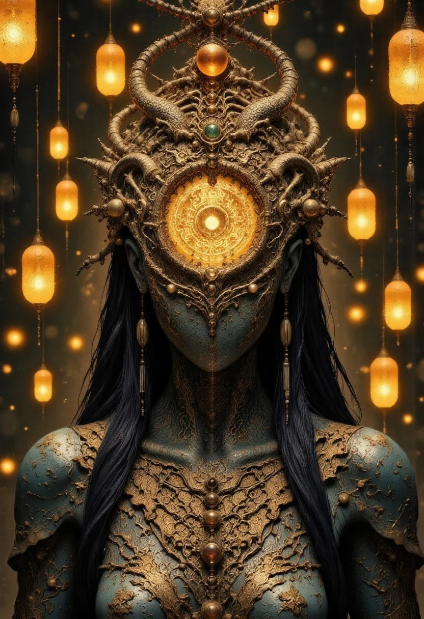 A tight, intimate head-and-shoulder portrait of an Ancient Chinese priestess kneeling in a reverent pose with her hands bound behind her back, her body slightly arched, head tilted upward as if gazing into the camera from below. The camera angle is slightly above her, emphasizing her vulnerable, submissive posture, evoking solemn devotion. Her head is a hollow, featureless piece of carved wood, smoothly rounded with no facial features. In the center, a yin-yang-shaped cutout creates a clean geometric void where her face should be. Inside, a dim golden light glows softly, illuminating the textured wood interior, giving the void a haunting, cavernous depth. She wears a traditional flowing hanfu robe adorned with golden silk embroidery depicting dragons and phoenixes symbolizing divine power. Her head is wrapped in an elaborate golden hairpiece adorned with jade and pearls, symbolizing celestial authority. The wood head is polished with faint carvings that echo the intricate patterns on her attire, enhancing ancient symbolism. The dim, mystical lighting casts delicate rays through the yin-yang-shaped cutout, illuminating her ceremonial attire with a faint golden glow. Dramatic shadows and golden highlights enhance the divine, supernatural atmosphere. The background is dark and minimalistic, with hundreds of floating Kongming lanterns dimly glowing to ensuring the focus remains on her hollow head and the dim golden light.
