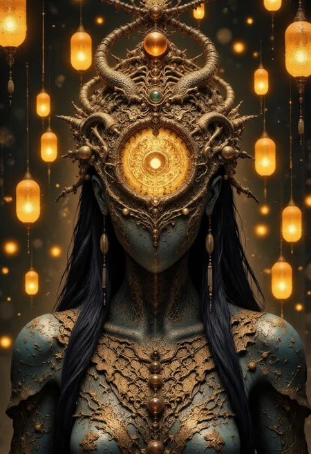 A tight, intimate head-and-shoulder portrait of an Ancient Chinese priestess kneeling in a reverent pose with her hands bound behind her back, her body slightly arched, head tilted upward as if gazing into the camera from below. The camera angle is slightly above her, emphasizing her vulnerable, submissive posture, evoking solemn devotion. Her head is a hollow, featureless piece of carved wood, smoothly rounded with no facial features. In the center, a yin-yang-shaped cutout creates a clean geometric void where her face should be. Inside, a dim golden light glows softly, illuminating the textured wood interior, giving the void a haunting, cavernous depth. She wears a traditional flowing hanfu robe adorned with golden silk embroidery depicting dragons and phoenixes symbolizing divine power. Her head is wrapped in an elaborate golden hairpiece adorned with jade and pearls, symbolizing celestial authority. The wood head is polished with faint carvings that echo the intricate patterns on her attire, enhancing ancient symbolism. The dim, mystical lighting casts delicate rays through the yin-yang-shaped cutout, illuminating her ceremonial attire with a faint golden glow. Dramatic shadows and golden highlights enhance the divine, supernatural atmosphere. The background is dark and minimalistic, with hundreds of floating Kongming lanterns dimly glowing to ensuring the focus remains on her hollow head and the dim golden light.