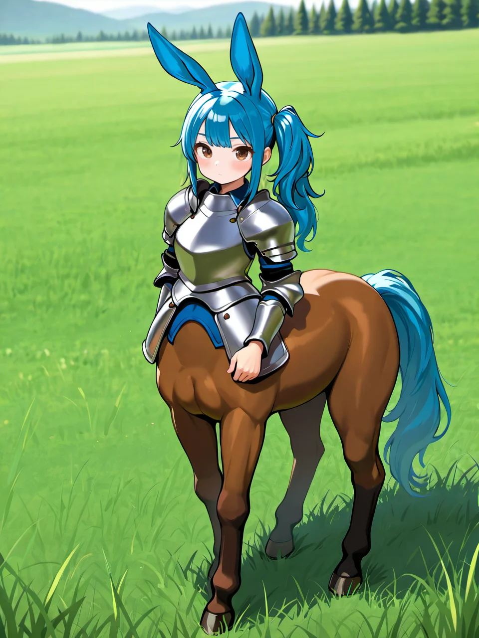 masterpiece, best quality, amazing quality, very aesthetic, high resolution,
epona, centaur, taur, 1girl, solo, animal ears, armor, blue hair, side ponytail, long hair, looking at viewer, rabbit ears, grass, brown eyes,
<lora:epona_race_v2_illustrious_epoch_7:0.9>,
<lora:NOOB_EPSv1_1_detailer_by_vlnvk_v1_0:1>