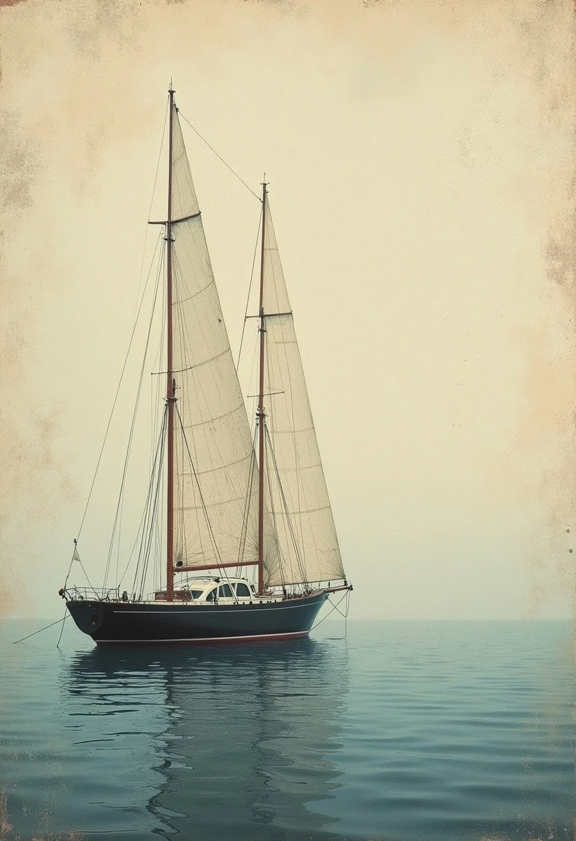 craquelure in the style of andre con, evening yacht shore, minimalism in the style of david grosman, vague, delicate, concise, vintage