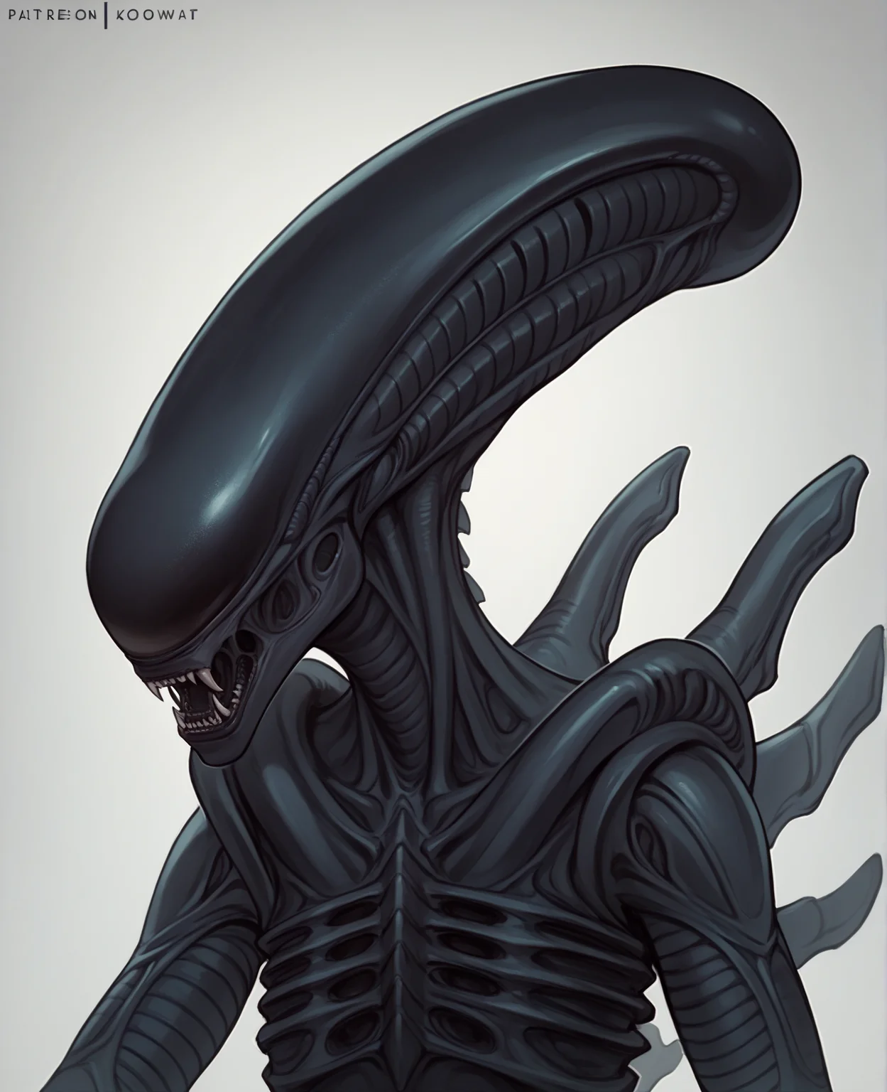 score_9, score_8_up, score_7_up, score_6_up, score_5_up, score_4_up, source_furry, alien, xenomorph, black body, black skin, solo, spikes, spikes \(anatomy\), (female:1.2), headshot portrait, close-up, (looking at viewer:1.2), front view, open mouth, sharp teeth, screeching, intimate, fangs
<lora:xenomorph_pdxl:1>