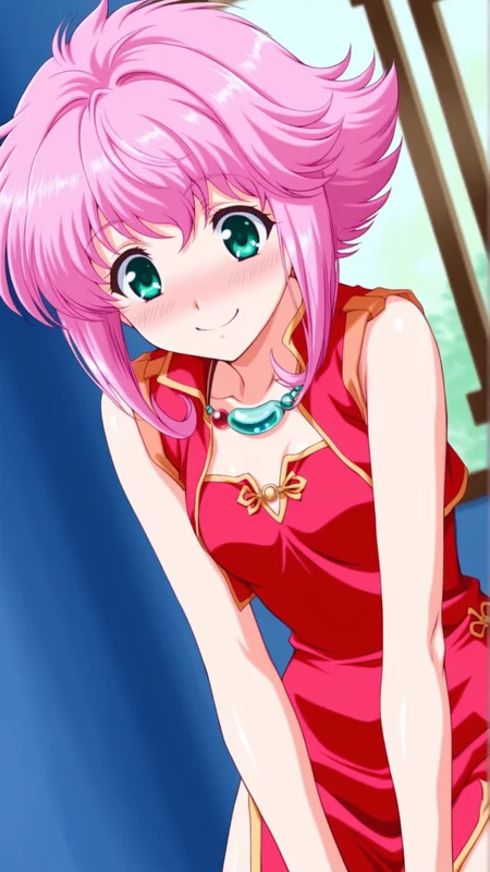 source_anime, genral, best quality, masterpiece, 1girl, <lora:Mer_Bitter_ill_v1.0:1> mer_bitter\(srw\),green eyes, pink hair,flipped hair,short hair, necklace, jewelry, china dress, happy, embarrassed, dynamic pose, dutch angle, cowboy shot,