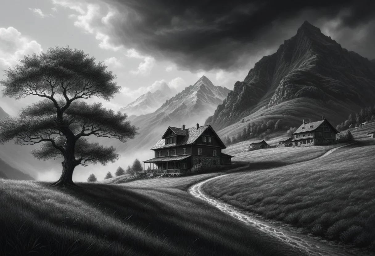(((Pencil Drawing \(medium\), monochrome, greyscale, outdoors, sky, cloud, tree, no humans, traditional media, grass, motion lines, scenery, mountain, house))). highly detailed and hyper realistic photo, by Alena Aenami , by Archibald Thorburn , by Daniele Afferni , limited dark palette, unusual dark colors, faded colors, atmospheric haze, highly dramatic cinematic lighting, film grain, professional, excellent composition, finest details, maximized details, ultimate detail level, masterpiece, best quality