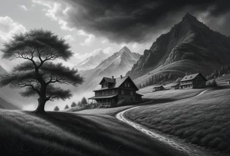 (((Pencil Drawing \(medium\), monochrome, greyscale, outdoors, sky, cloud, tree, no humans, traditional media, grass, motion lines, scenery, mountain, house))). highly detailed and hyper realistic photo, by Alena Aenami , by Archibald Thorburn , by Daniele Afferni , limited dark palette, unusual dark colors, faded colors, atmospheric haze, highly dramatic cinematic lighting, film grain,  professional, excellent composition, finest details, maximized details, ultimate detail level, masterpiece, best quality
