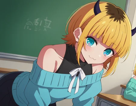 score_9, score_8_up, score_7_up, source_anime,
memcho, <lora:memcho-s1-ponyxl-lora-nochekaiser:1>
memcho, blonde hair, blue eyes, blunt bangs, demon horns, fake horns, horns, short hair,
bare shoulders, black skirt, blue sweater, long sleeves, off shoulder, off-shoulder sweater, puffy sleeves, skirt, sweater, white ribbon,
indoors, classroom, bent over, smile,
looking at viewer, dutch angle, cowboy shot