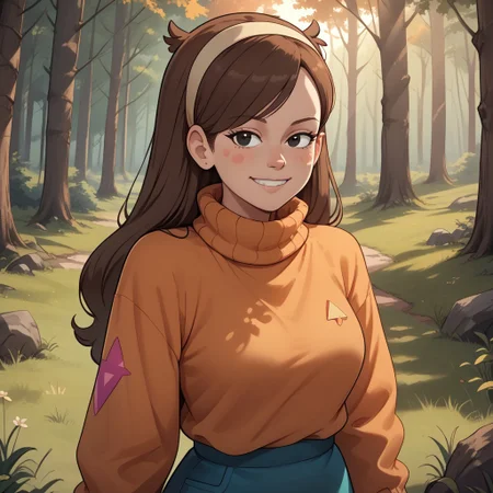 score_9, score_8, BREAK, mabel pines,1girl,solo,hairband,black eyes,long hair,brown hair,blush stickers,sweater,turtleneck,long sleeves,skirt,smile,adult female,mature female,breasts, sexy pose, self portrait, smile, outdoors, sunlight, shadows, evening lighting, natural lighting, forest, trees, grass, orange sky, sunset