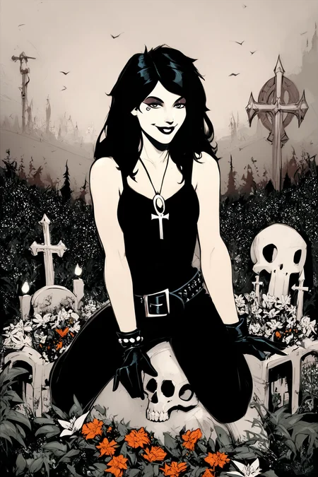 score_9, score_8_up, score_7_up, masterpiece, high quality, BREAK
<lora:Death of the EndlessPonyLoRA:1>dethofend, pale skin, colored skin, long hair, tattoo under eye, ankh necklace, black tank top, belt, black pants, gloves, bracelet, sitting on a grave, flowers, skulls, smile