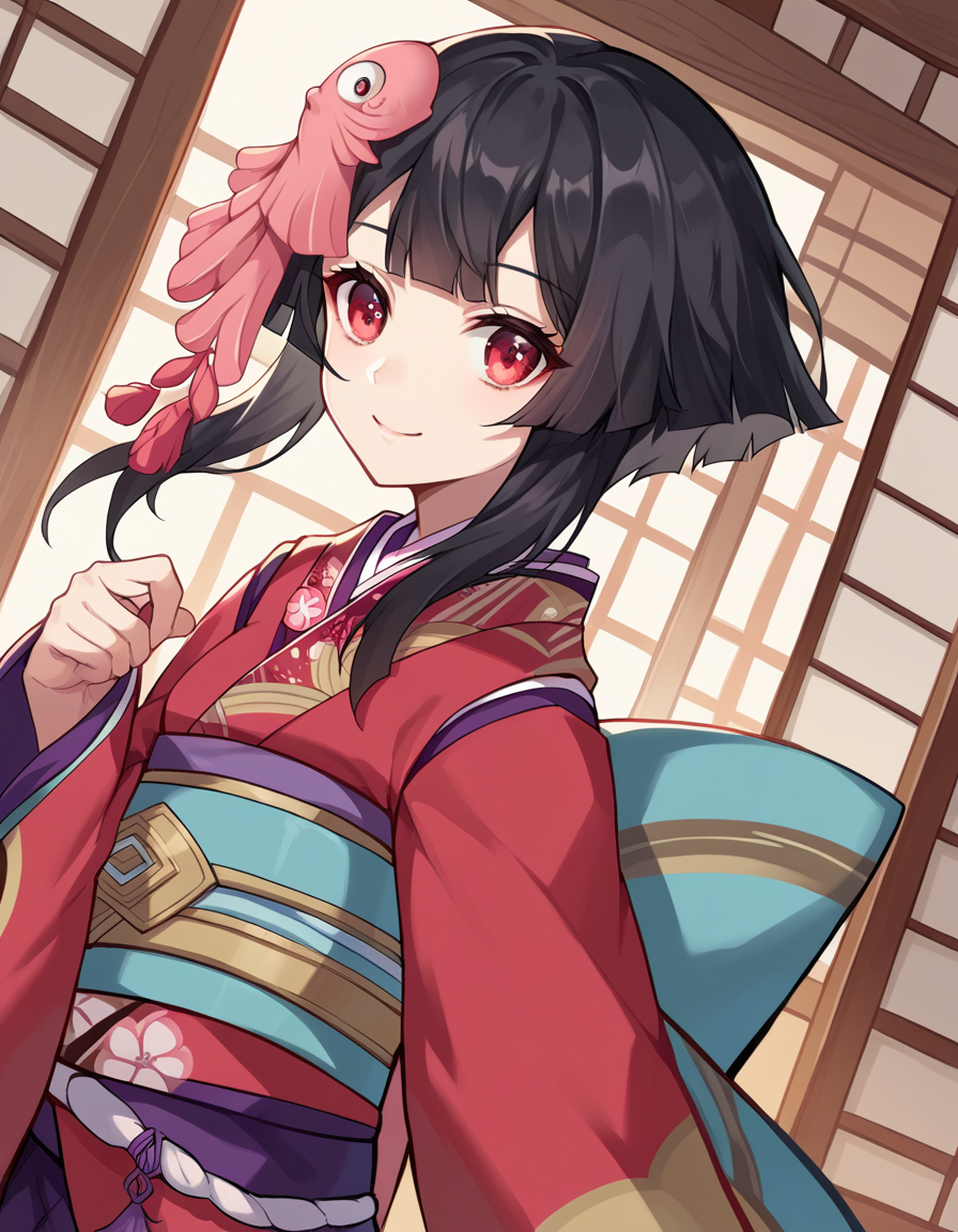 score_9, score_8_up, score_7_up, source_anime,
onmyojikagura, <lora:onmyoji-kagura-ponyxl-lora-nochekaiser:1>,
kagura, short hair, bangs, black hair, hair ornament, red eyes, short hair with long locks, fish hair ornament,
long sleeves, japanese clothes, wide sleeves, kimono, sash, obi, floral print, red kimono,
indoors, dojo, smile, bent over,
looking at viewer, upper body, solo, dutch angle,