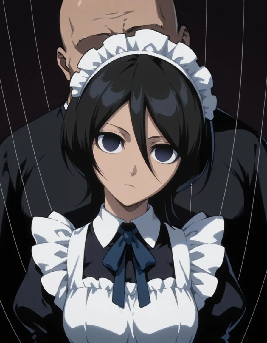 masterpiece, best quality, <lora:Mind_Controlled_Rukia:1>, 4ukia, short hair, black hair, dark blue eyes, expressionless, empty eyes, (head tilt, maid:1.2), upper body, arms at sides, doll strings, a faceless fat bald man puppeteering a girl,