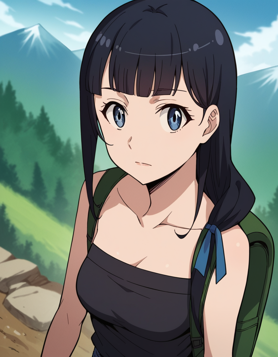 score_9, score_8_up, score_7_up, source_anime, <lora:mari-kurokawa-s1s2-ponyxl-lora-nochekaiser:1>, mari kurokawa, long hair, bangs, blue eyes, black hair, ribbon, hair ribbon, blue ribbon, hair over shoulder, medium breasts,, shirt, bare shoulders, collarbone, black shirt, strapless, pants, denim,, mountain trail, hiking, nature, backpack, adventure, fresh air, , looking at viewer, from above,, solo,, cowboy shot, dutch angle
