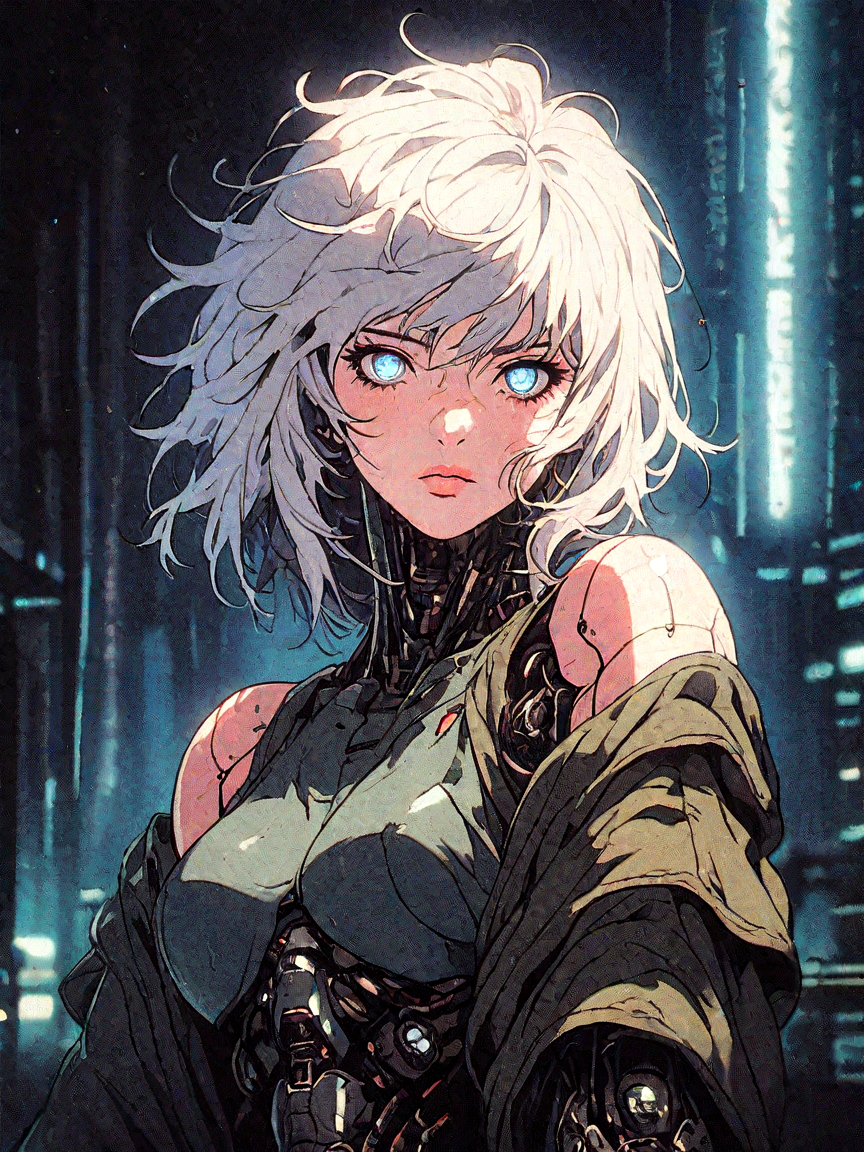 score_9, score_8_up, score_7_up, score_6_up, score_5_up, score_4_up,
BREAK
vintage, 1990s \(style\),
a gorgeous girl over a future cityscape, white hair, depth of field, oversized shirt, off one shoulder, (shiny skin:1.4), cold lighting, detailed face, clear eyes, depth of field, messy hair, (intricate), shy, bright blue eyes, detailed eyes, detailed background, neon trim, neon lights,
<lora:OldAnimeStyle_XL_v3:0.5> <lora:RetroMangaV2PonyXL-000005:.9>
score_9, film grain, female focus, source_anime, solo, science fiction, mechanical parts, mechanical body, mechanical arms, cyborg, cyberpunk, looking at viewer, upper body, glowing