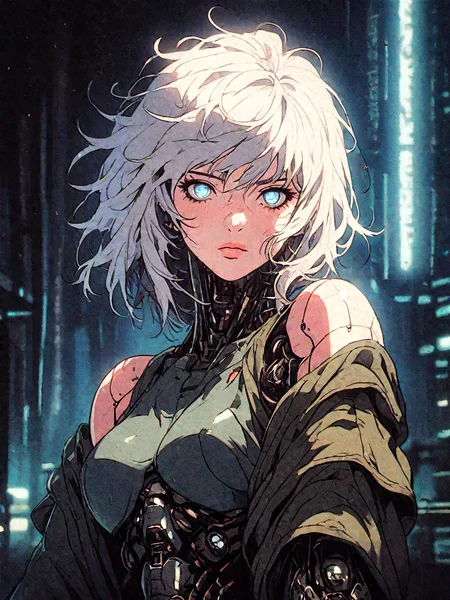 score_9, score_8_up, score_7_up, score_6_up, score_5_up, score_4_up,
BREAK
vintage, 1990s \(style\),
a gorgeous girl over a future cityscape, white hair, depth of field, oversized shirt, off one shoulder, (shiny skin:1.4), cold lighting, detailed face, clear eyes, depth of field, messy hair, (intricate), shy, bright blue eyes, detailed eyes, detailed background, neon trim, neon lights,
<lora:OldAnimeStyle_XL_v3:0.5> <lora:RetroMangaV2PonyXL-000005:.9>
score_9, film grain, female focus, source_anime, solo, science fiction, mechanical parts, mechanical body, mechanical arms, cyborg, cyberpunk, looking at viewer, upper body, glowing