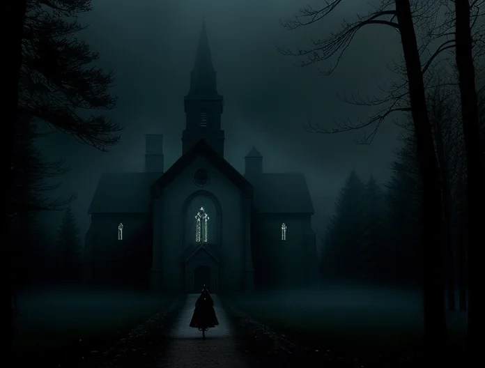 <lora:burton:1>tm style, landscape of a church surrounded by dark forests at night  a woman from the 1800s walking alone, tim burton movie frame, cinematic, a lot of haze, volumetric lights, realistic, 8k