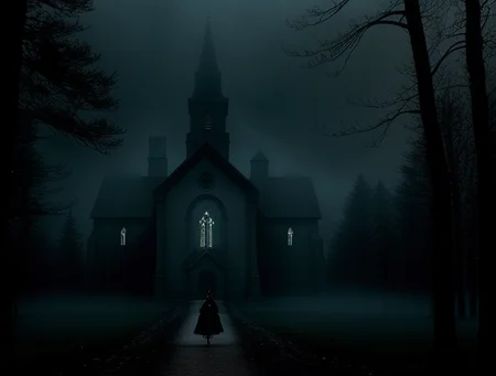 <lora:burton:1>tm style, landscape of a church surrounded by dark forests at night  a woman from the 1800s walking alone, tim burton movie frame, cinematic, a lot of haze, volumetric lights, realistic, 8k